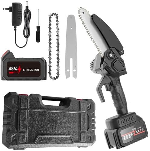 Mini Chainsaw Cordless, 21 V/1 A Motor Chainsaw for Tree Pruning, Portable Electric Hand Chainsaw with Safety Lock for Wood Cutting (4/6/8 Inch Model with Dual Battery) 6Inch..