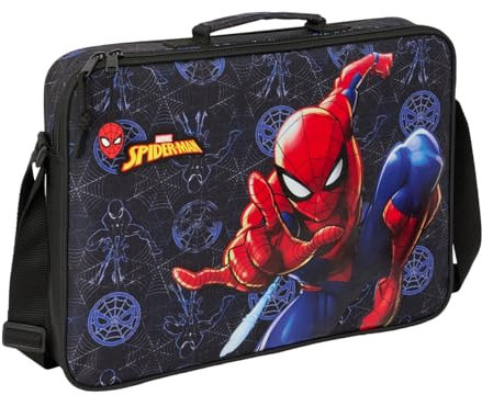 Safta SPIDERMAN ATTACK - Portefeuille extrascolaire, sac à bandoulière, confortable et polyvalent, qualité et résistance, 38 x 6 x 28 cm, Noir, M, Décontracté