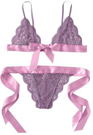 Women's Bra Without Underwire Push Up Bra Dressed Baby Doll Underwear Bow Bra Set Underwear Side Lens Women Lace Lingerie Champagne, purple, L