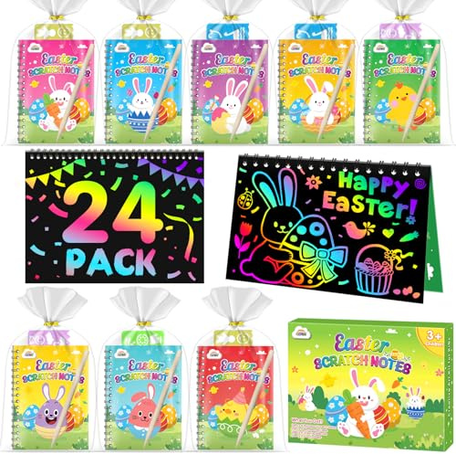 ZMLM Kratzbilder Für Kinder, Magic Regenbogen Scratch Book mit Holzstifte und Malschablonen zum Zeichnen und Basteln, Mitbringsel Kindergeburtstag, Einschulung von 3 bis 12 Jahren (24PCS Ostern)