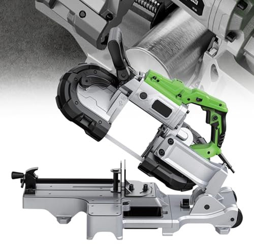 Sierra de cinta para cortar metal, 1100 W, diseño de interruptor doble, interruptor de bloqueo, rango de corte de 12 cm, ángulo de 0-45°, ajuste de 6 velocidades para madera y hierro angular