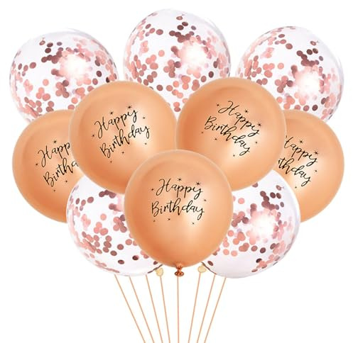 Gleemix 10 Stück Happy Birthday Ballon Rosegold Metallic mit Konfetti, 12 Zoll Luftballons Geburtstag, Helium Ballons Geburtstag Rosa, Luftballons Metallic Deko Party Kindergeburtstag