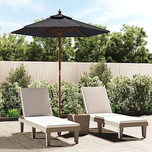 Parasol con Mástil de Madera, Tela de Poliéster UV, Ventilación Superior, Sombrilla Playa, Sombrilla Terraza Exterior, para Jardín o Terraza, Color Negro, 196x231 cm