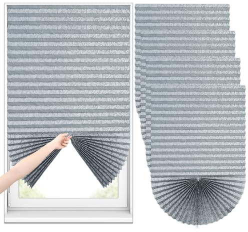 Sneulletoys 4pk No Drill Blinds for Windows,Temporary Patterned Blind,Easy Fit Self Adhesive Pleated Blinds Crop According to Size,Stick on Blind for Kitchen Bathroom Bedroom (Grey, 60W x 150H cm)