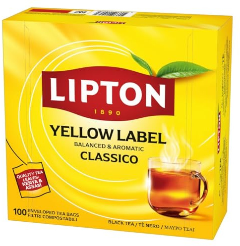 Lipton Yellow Label Schwarzer Tee, Rainforest Alliance, 100 Teebeutel | Für Ihre tägliche Tasse Tee: ein vollmundiger, kräftiger Aufguss, perfekte Aromenentfaltung, Teebeutel auf pflanzlicher Basis