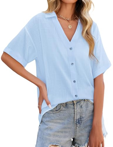 PASUDA Camicia Donna Estiva Lino Camicetta Manica Corta Elegante Blusa Scollo a V Maglietta con Bottoni Moda Casual Tinta Unita Tunica Copricostume Mare Tops