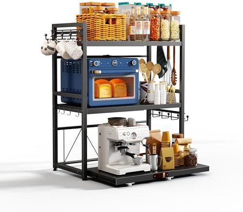 NETEL Pull out Expandable Microwave Shelf, 3-Tier Microwave Stand, Coffee Station Organizer with Large 8 Hooks, Mug Holder, Bakers Rack with Small 8 Plastic Hooks,Kitchen Countertop Organiser Shelves