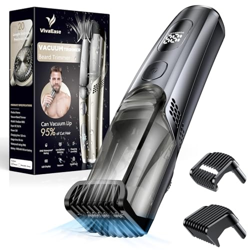 VivaEase Vacuum Beard Trimmer for Men, New Version Adjustable Precision Trimming Length with 2 Comb, Electric Cordless Vacuum Trimmer for Beard, Waterproof and Rinses Easy, Blades for Skin fit,Black