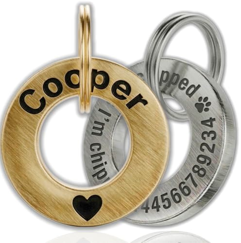 Personalised Premium Heavy Duty Dog Tags for Pets 3mm Thick Solid Brass & Stainless Steel Deep Engraved Personalised ID Name Tag Silent, Rust-Proof Washer Design for Collar Durable Anti-Lost Charm