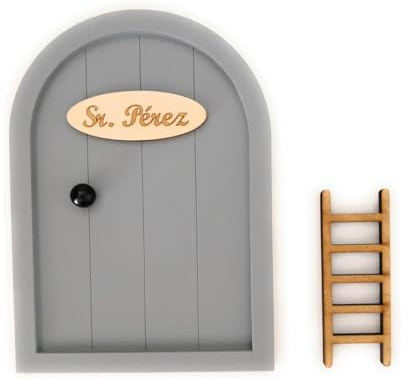 Ratoncito Pérez EVYRE | Puerta Mágica de Madera con Escalera y Felpudo | Incluye Adhesivo | Fácil de Colocar, Decorativa para Niños | Accesorios Habitaciones Infantiles | Gris