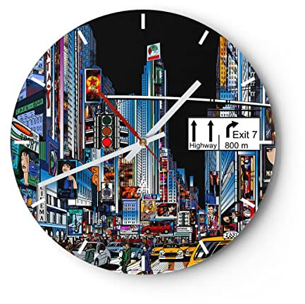 Modern Wanduhr Manhattan New York Straße 30x30cm Rund Klein Wand Uhr Glas Analog Zimmeruhren Küche Büro Wohnzimmer Glasuhr Wall Clock Dekoration Design Wanddekoration Küchenuhr C3AR30x30-2720