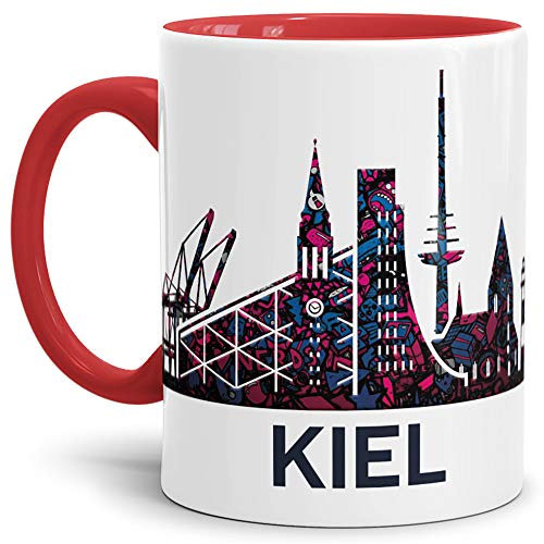 Kiel-Tasse Skyline - Kaffeetasse/Silhouette/Souvenir/Städte-Tasse/Mug/Cup/Becher/Beste Qualität - 25 Jahre Erfahrung - Innen & Henkel Rot