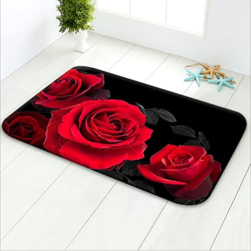 LIVILAN Schwarzer Badvorleger, Blumen-Badteppich, roter Badvorleger, 61 x 40,6 cm, superweicher und saugfähiger Zottelplüsch, rote Rose, Badvorleger, Memory-Schaum, rutschfest