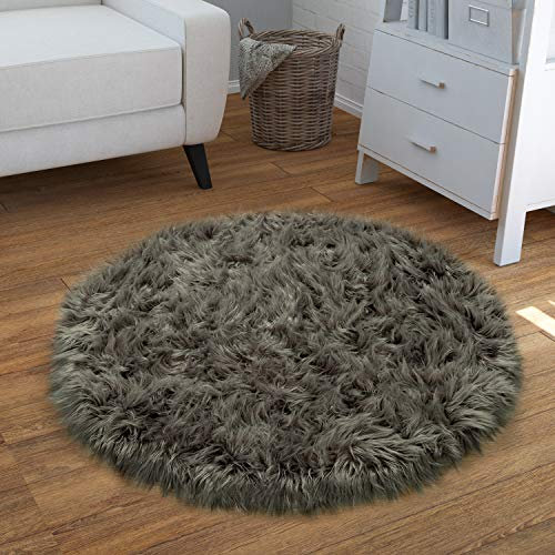 Paco Home Kunstfell Fellteppich Imitat Sitzkissen Herzform Rund Versch. Formen Dunkelgrau, Grösse:60 cm Rund