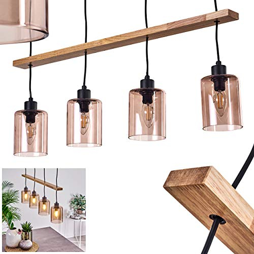 HOFSTEIN Pendelleuchte Ethelton, Hängelampe aus Metall und Holz, Vintage Pendellampe mit Echtglas-Schirm in Bernstein, 4-flammig, 4 x E14, Höhe max. 110 cm, für Esszimmer, Wohnzimmer, Küche