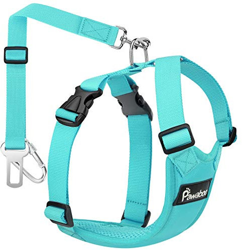 Pawaboo Hundegeschirr für Hund im Auto, Geschirr mit verstellbar Sicherheitsgurt and Stark Karabinerhaken, Luftdurchlässig Gittergewebe, Einfache Steuerung für Fahrsicherheit - L, Blau