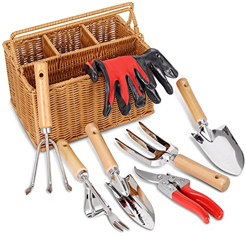 SOLIGT Gartengeräte-Set mit Korb, robustes Edelstahl-Garten-Handwerkzeug mit Holzgriff, Gartenschere, Handschuhe – perfekte Gartengeschenke, Pflanzzubehör für Damen und Herren