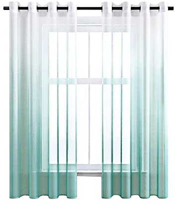 CUTEWIND Farbverlauf Vorhang Weiß-Seeblau Voile Gardinen Transparent mit Ösen Ösenschal Dekoschal Fensterschal für Wohnzimmer Schlafzimmer 140cm x 160cm (B x H) 2er Set