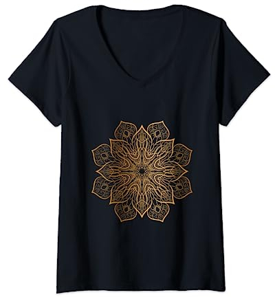 Damen Blumen-Mandala-Yoga-Lehrer-Symbol-Outfit Yogi T-Shirt mit V-Ausschnitt