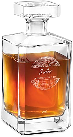 Maverton Carafe à Whisky gravée - 700ml Décanteur en verre transparent - Cadeau personnalisé pour hommes - Cadeau d’anniv - Monde