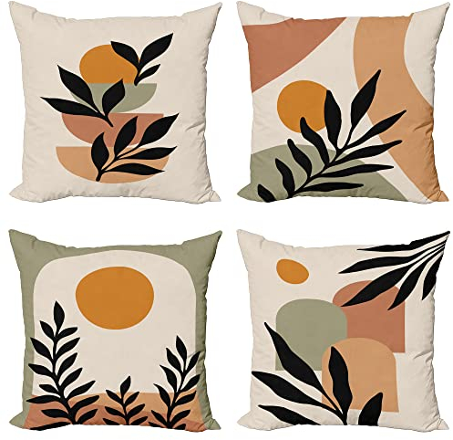 ABAKUHAUS Minimalistisch Dekokissen Kissenbezug 4er Pack, Zweige und geometrische Formen Modern Accent Doppelseitiger Digitaldruck, 40 cm x 40 cm, Ecru Salbeigrün Apricot