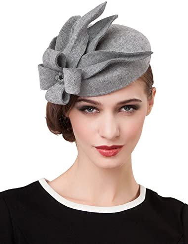 ELLYDOOR Fascinator aus Wolle, für den Winter, britischer Wollfilzhut für Damen, Hochzeit, Kirche, Blume, Fedoras, 2021 Grau, Einheitsgröße
