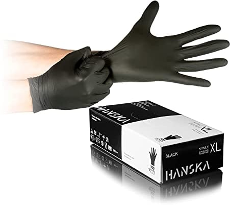 HANSKA 100 Guanti Monouso Nitrile Neri - Senza Polvere - Senza Lattice - Ideali per Tatuatori, Ambiti Medici, Centri Estetici, Manipolazione Alimenti - Box da 100pz (100, XL)