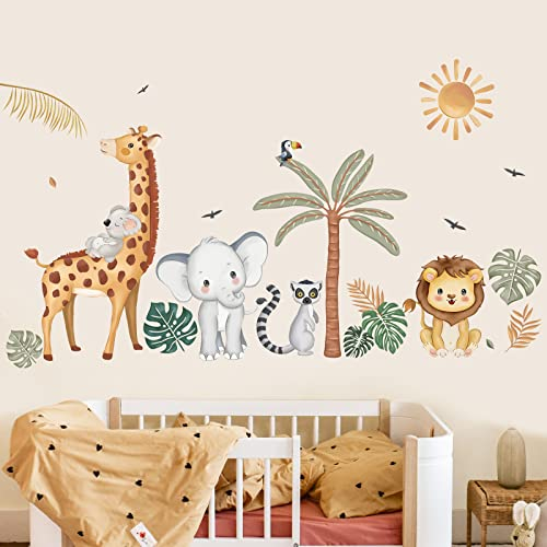 wondever Pegatinas de Pared Animales de la Jungla Árbol Adhesivos Pared Decorativos Boho Jirafa León Elefante Safari Vinilos Pared para Habitación Infantiles Niños Bebés Guardería