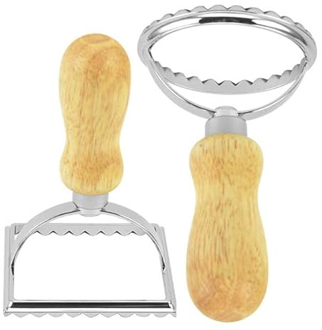 Ravioli Stamp Maker Cutter with Roller Wheel Set,Mold with Strong Beechwood Handle and Sturdy Aluminum Frame Fluted Edge,Pasta Press Kitchen Attachment for perogis and Ravioli(1 Round & 1 Square)