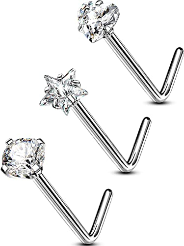 OUFER 20G 0.8mm 3stk Titan Nasenpiercing Ring Nasenring L Form CZ Nasen Piercing Nase Nostril Twist Stecker Dünn Nasenstecker Nasenspirale Schmuck Nose Ring Earring Studs Jewelry