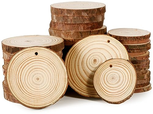 36pcs Natural Wood Slices for Crafts Predrilled Log Slices Wooden Discs Mixed Sizes Wooden Circles with Hole Jute Twine for Craft Christmas Ornaments Wedding
