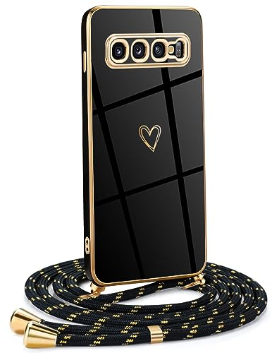Mkej Funda para Samsung Galaxy S10 Plus con Cuerda, TPU Suave Silicona diseño de corazón con Chapado en Oro de Lujo, Funda Samsung Galaxy S10 Plus Cuerda para Mujeres y niñas