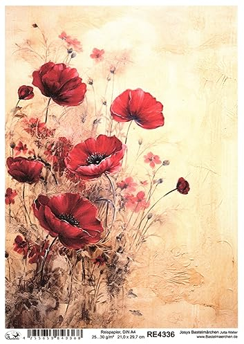 Josys Bastelmärchen Reispapier A4 Strohseide Vintage Scrapbooking Blumen Mohnblumen RE4336