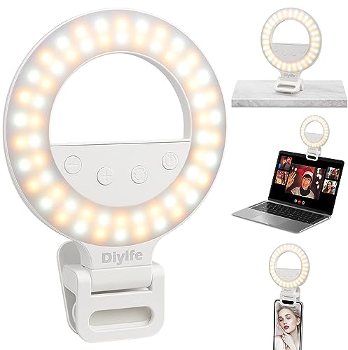 Diyife Selfie Ring Light, [360° Rotation] Rechargeable 1000mAh 3-9h Working Time Ring Light for Phone, 60 Led 10 Brightness Levels, Phone Light Clip on Laptop for Selfie, Vlog, Makeup, Live Streaming