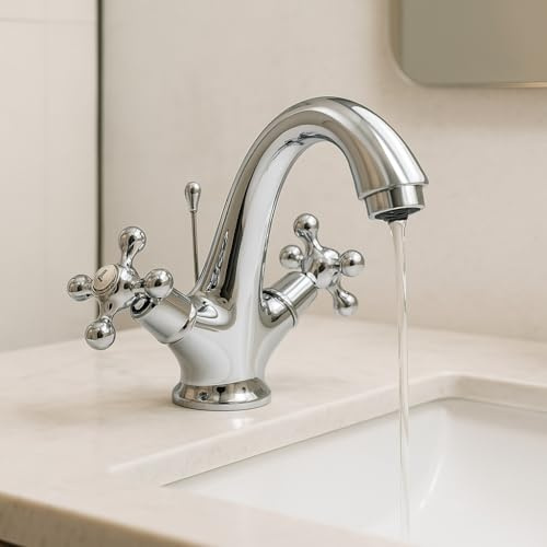 Rubinetto Lavabo Bagno con Valvola Piletta Poup Up Universale per Scarico Lavandino Miscelatore 2 Comandi Manopole a Fiore Vintage Retro bidè Cromato - Argento (2 Manopole)