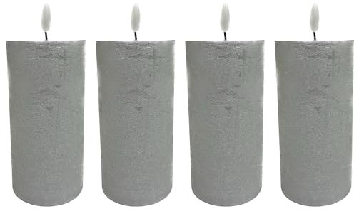 Fachhandel Plus LED Kerzen mit Timer – Stumpenkerzen aus Echtwachs mit 3D Flamme & Fernbedienung – LED Echtwachskerzen in verschiedenen Farben & Größen – Ø 6,5/7,5 cm (Silber, 15 x 7,5 cm)