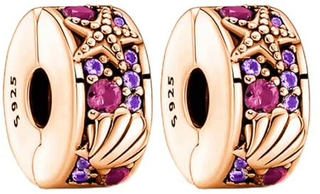 Amuefer Rose Gold Shell Clip Charms für Armbänder 925 Sterling Silber mit Cubic Zirkonia Stopper Geburtstag Weihnachten Schmuck Geschenke für Frauen Mädchen-2 Stücke