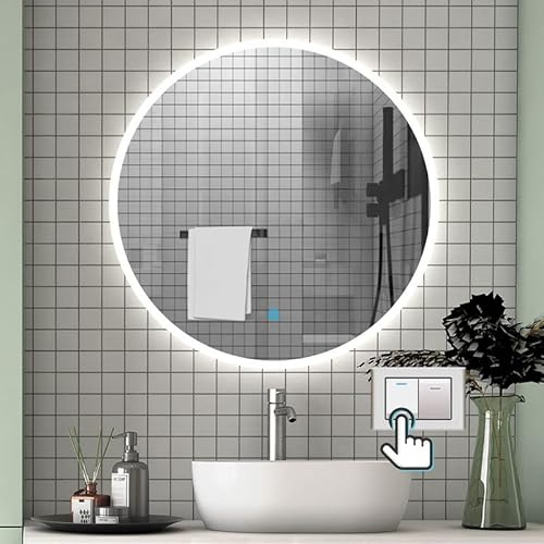 Aica Sanitär LED Spiegel Rund 80 cm Kalt/Neutral/Warmweiß, dimmbar, Memory Funktion, Wandschalter/Touch-Schalter Beschlagfrei LED Spiegel Wandspiegel mit Auto-Abschaltung