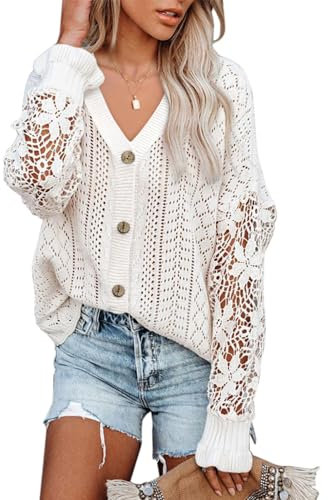 MINTLIMIT Women's Jumpers Long Sleeve V Neck Tops Crochet Lace Hollow Out Ladies Knitted Sweaters Pullover Tops