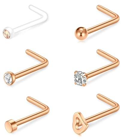NIUSIMAN 20G Nasenpiercing Stecker Rosegold Schmuck L Form Nase Piercing Stud Chirurgischer Stahl Nase Piercing Schmuck Klare dünne kleine Nase Stud Ring l geformt mit Kristall für Frauen Männer