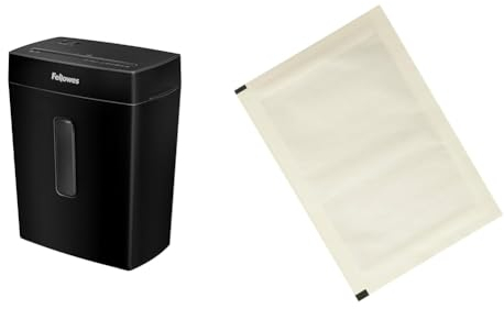 Fellowes Aktenvernichter, Papierschredder für 8 Blatt Partikelschnitt & Amazon Basics - Schmiermittelblätter für Aktenvernichter, 12er-Pack Automatisch, Mikroschnitt, Weiß