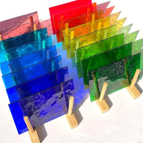 LITMIND Buntglas-Sortiment, transparent, 15,2 x 10,2 cm, für Mosaik-Bastelarbeiten und Zubehör, verschiedene bunte Glasscheiben für atemberaubende Buntglas-Projekte, 16 Bögen