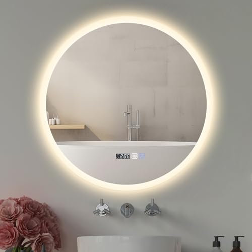 ARTETHYS Bathroom Mirror with LED Lights, 600mm Round Wall Mounted Vanity Mirror Illuminated Makeup Mirrors with 3 Colour Temperature, Demister, Touch Control, IP44