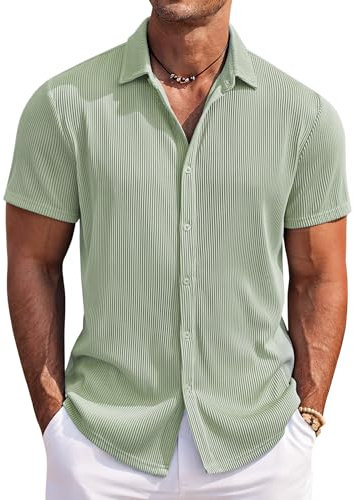 COOFANDY Camisa de hombre de manga corta, corte regular, camisa de verano, sin planchado, con botones, informal, para la playa, verde claro, M