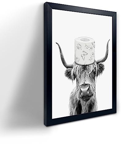 Toilettenpapier auf dem Kopf, schwarz gerahmt, lustige Tierdrucke, Vintage, schwarz und weiß, rustikaler Stil, niedliches Badezimmer, Kuh, Leinwand, Kunstposter für Badezimmer, Toilette, Dekoration