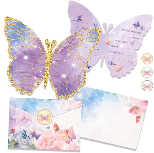 12 Schmetterling Einladungskarten,Kindergeburtstag Einladung,Schmetterlingen Kinder Party Einladungskarten zum Geburtstag mit 12 Umschlag,12 Runder Aufkleber für Jungs und Mädchen (Schmetterling)