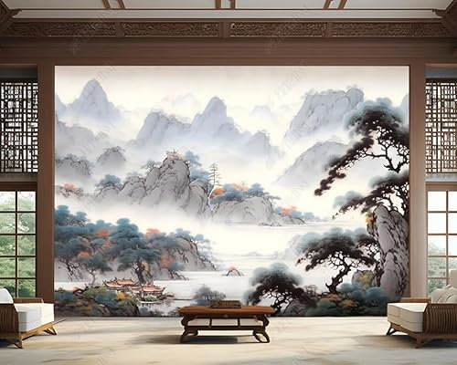 Fototapete Berge Flüsse Kiefern Wolken Und Nebel Tuschemalerei 350X256 Cm Vlies Tapeten Xxl Moderne Wandtapete Wohnzimmer Schlafzimmer