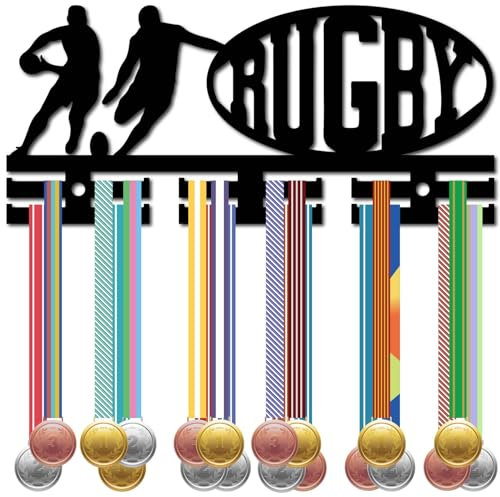 CREATCABIN Rugby-Medaillenhalter,Sportmedaillen-Aufhänger,Acryl-Gestell,Wandhalterung,Dekor,Kleine Haken,Medaillen-Aufhänger,Organizer Zum Aufhängen,Auszeichnungsaufbewahrung,29x13cm,Schwarz