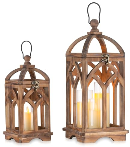 Laterne Holz Groß Landhausstil Deko - Romadedi 30/40cm Rustikale Landhaus Kerzen Laterne Braun, Windlicht Laterne Vintage für Weihnachten Balkon Garten Hochzeit Tischdeko Innen, Set of 2