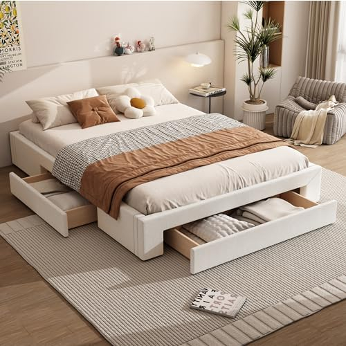 MQLAE Bett 160x200 cm, Doppelbett mit DREI große Schubladen, ohne Kopfteil, Stauraumbett Bettgestell, Bett mit Lattenrost, für Erwachsene & Jugendliche, ohne Matratze, Beige